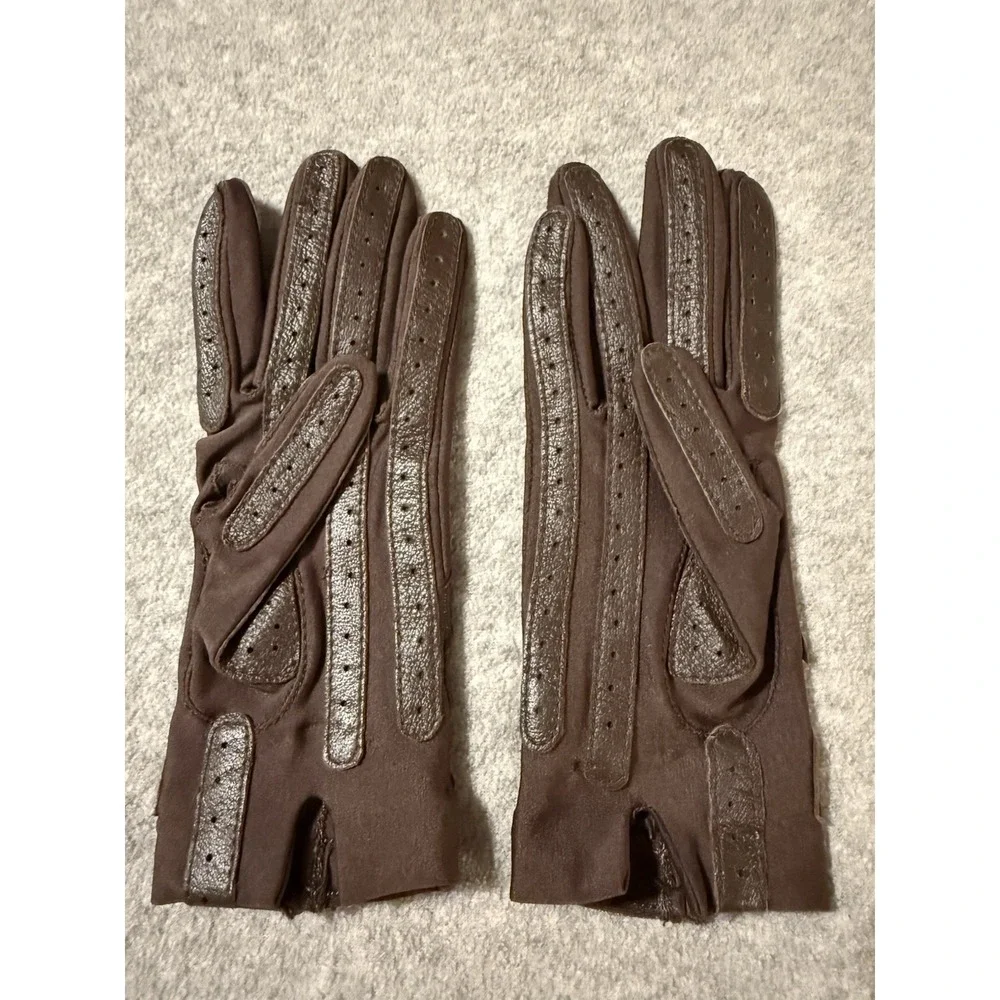 Vintage Isotoner by Aris Brown Gloves Elegant Driving Nylon Leather O/S Small